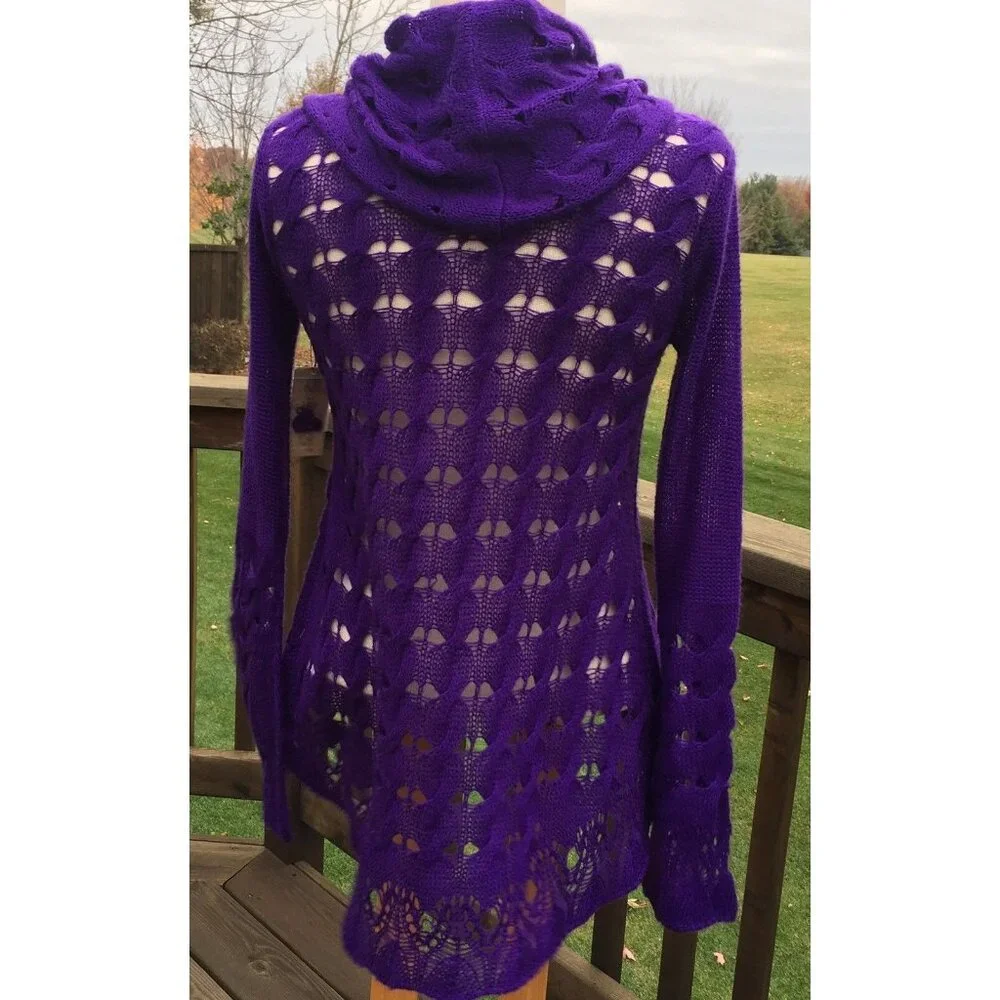 Nine West Womens Sweater sz XS Plum Purple Cowl Neck Open Thin Knit Long Sleeve - Picture 8 of 12